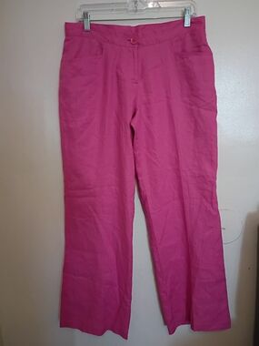 Laura Leigh Women's Wide-Leg 100% Lined Linen Bright Pink Pants Sz 10
